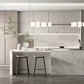 Modern Kitchen Interior With Marble Island Wooden Cabinets And Pendant Lights
