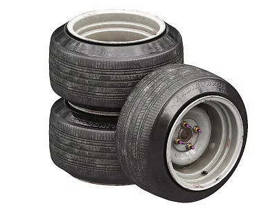 Three Stacked Treaded Car Tires with Leaning Wheel Rim and Metal Bolts 3d model