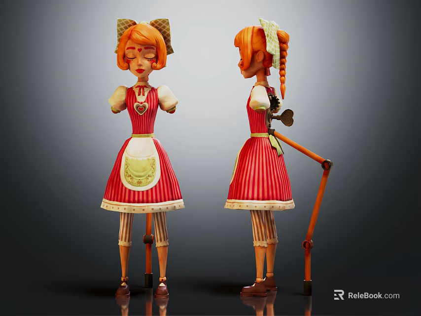 Handmade Vintage Doll With Red Dress White Apron And Braided Hair Design 3d model 