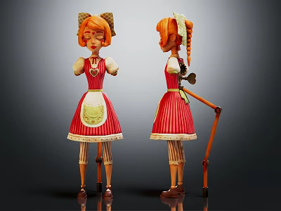 Handmade Vintage Doll With Red Dress White Apron And Braided Hair Design 3d model