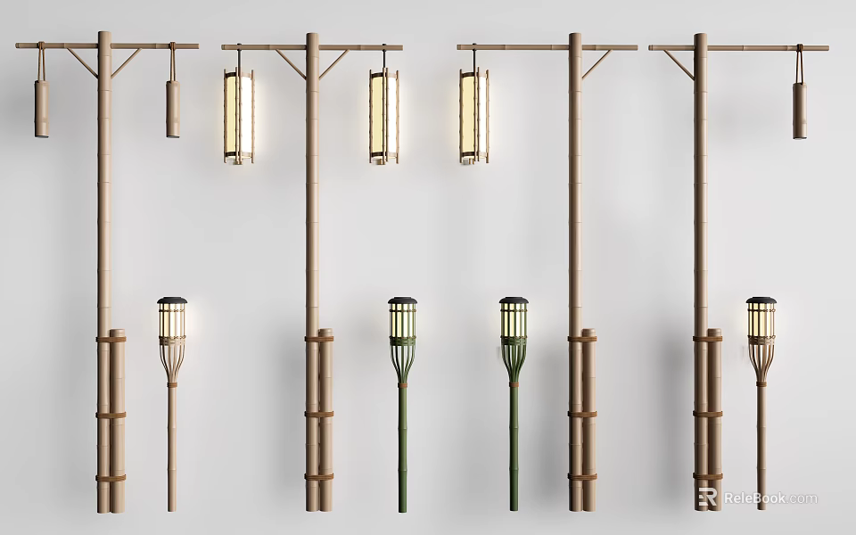 Modern Bamboo Lighting Combination With Various Lantern Style Illuminated Shades 3d model