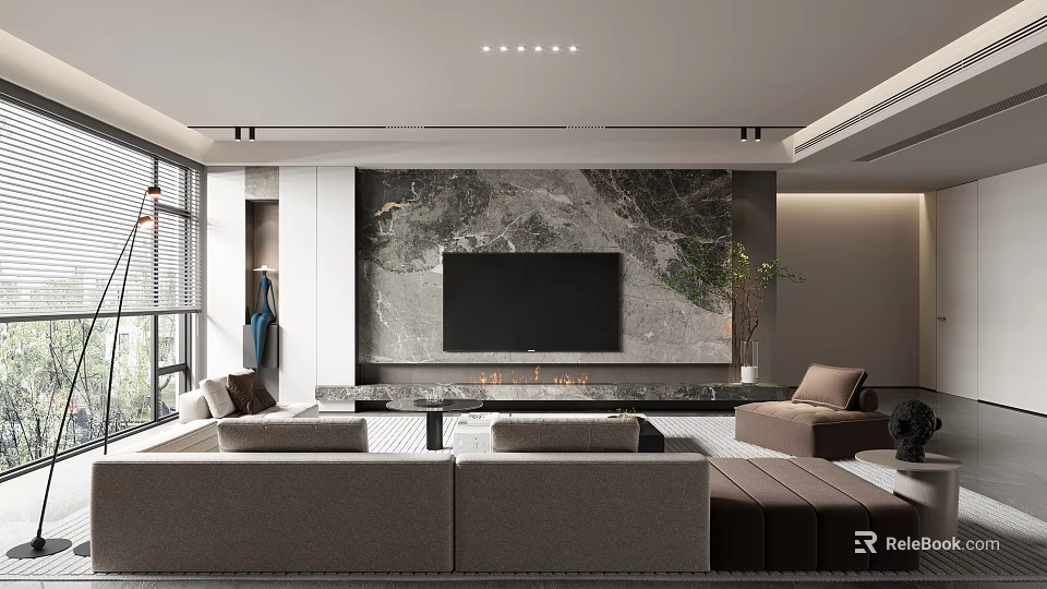 Modern Living Room Interior Design With Marble TV Wall Comfortable Sofas And Large Windows 3d model