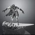 3D Superhero Figurine With Cape Costume Standing On Wave Surfboard Base