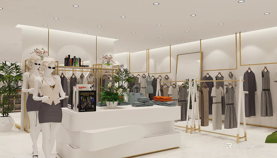 Modern Clothing Store Interior With Mannequins Clothing Displays Reception Counter And Plants 3d model 