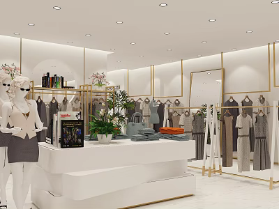 Modern Clothing Store Interior With Mannequins Clothing Displays Reception Counter And Plants 3d model