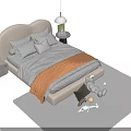 Modern Double Bed With Soft Mattress Pillows Gray Sheets And Bedside Lamp