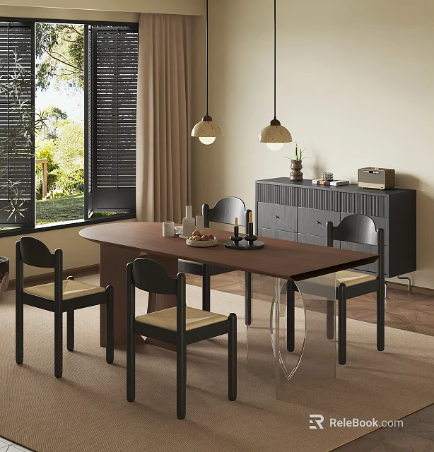 Cozy Restaurant Dining Space With Wooden Table Four Chairs Pendant Lights And Window Greenery 3d model 
