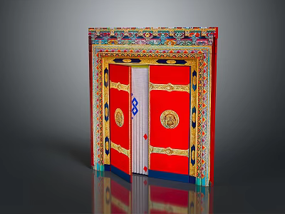 Open Traditional Red Door With Intricate Colorful Patterns And Gold Embellishments 3d model