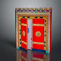 Open Traditional Red Door With Intricate Colorful Patterns And Gold Embellishments
