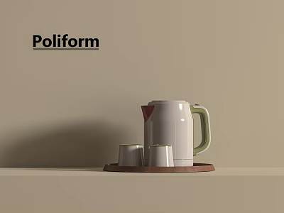 Poliform Modern Kitchen Appliances With White Kettle Cups And Wooden Tray 3d model