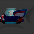 Red And Blue Commercial Device With Transparent Cockpit Cartoon Character Wing Structures And Illuminated Lights