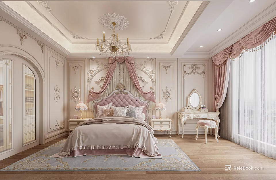 Elegant Kids Bedroom Interior Design With Tufted Headboard Chandelier Pink Curtains And Soft Carpet 3d model 