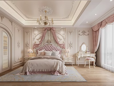 Elegant Kids Bedroom Interior Design With Tufted Headboard Chandelier Pink Curtains And Soft Carpet 3d model