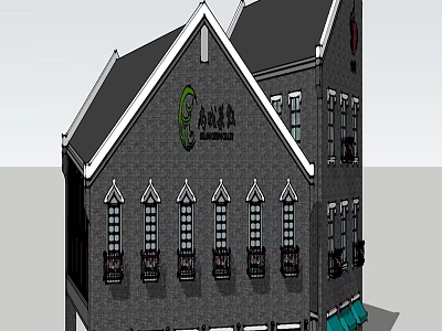 Shangcheng She Commercial Complex With Gray Brick Exterior Gabled Roof And Arched Windows 3d model