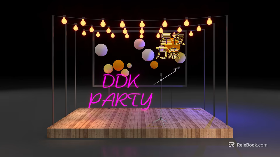 Wooden Stage Decorated with String Lights Colorful Balloons and DDK Party Sign 3d model 