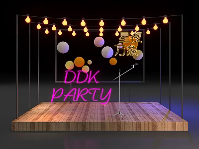 Wooden Stage Decorated with String Lights Colorful Balloons and DDK Party Sign 3d model