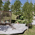 Scenic Park Landscape With Tall Trees Wooden Pavilions Stone Paved Seats And Grassy Lawn