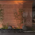 Indoor Green Plant Combination With Bamboo Ferns Stones And Water Feature By Wooden Wall