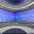 Futuristic Tech Display Space With Large Curved Blue Screen And Digital Data Visualization 3d model