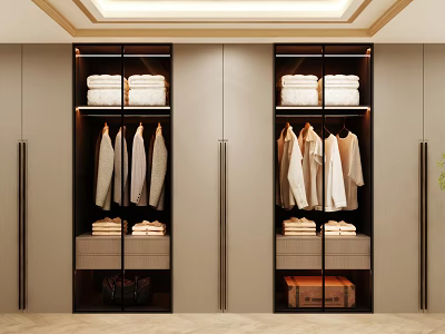 Modern Wardrobe Interior With Glass Doors Hanging Clothes And Folded Storage 3d model