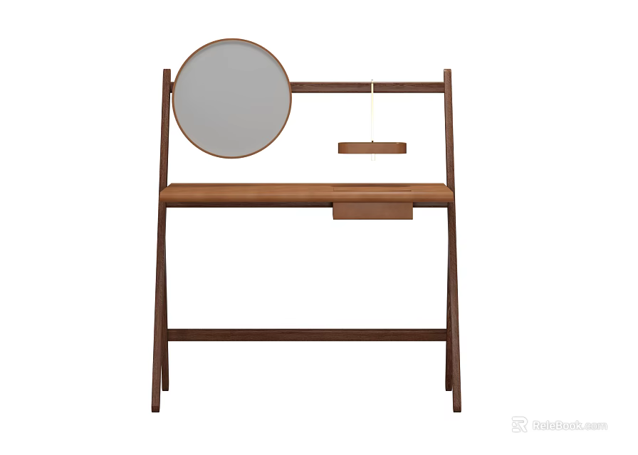 Minimalist Wooden Dressing Table With Round Mirror Brown Top And Small Drawer 3d model 