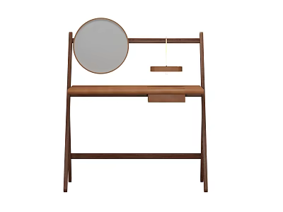 Minimalist Wooden Dressing Table With Round Mirror Brown Top And Small Drawer 3d model