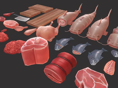 Fresh Raw Meat And Fish Ingredients Including Various Cuts And Types On Wooden Cutting Board 3d model
