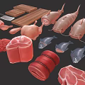 Fresh Raw Meat And Fish Ingredients Including Various Cuts And Types On Wooden Cutting Board