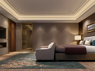 Luxurious Modern Hotel Guest Room With Bed Armchair Patterned Rug Bedside Lamp And TV 3d model