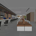 Spacious Modern Service Hall Interior With Bright Lighting Wooden Walls Reception Counters And Gray Seats
