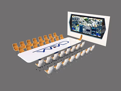Modern Conference Table With VMC Logo Orange White Chairs And Large Display Screen 3d model