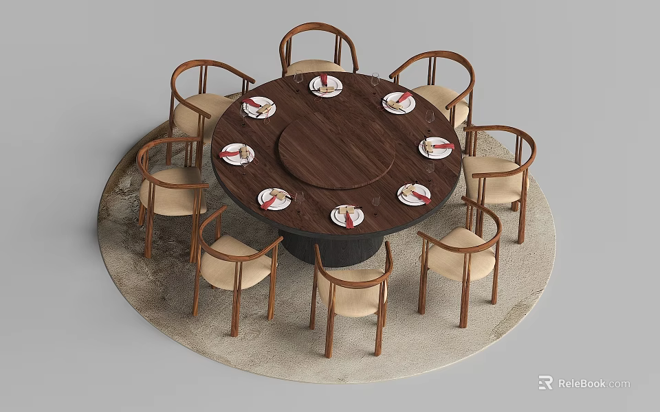 Round Wooden Dining Table Set With Eight Upholstered Chairs And Tableware 3d model