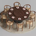 Round Wooden Dining Table Set With Eight Upholstered Chairs And Tableware 3d model