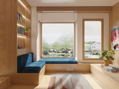 Wooden Study Room Interior With Blue Bay Window Seat Bookshelves Outdoor View And Plants Rug 3d model