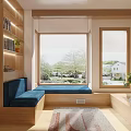 Wooden Study Room Interior With Blue Bay Window Seat Bookshelves Outdoor View And Plants Rug