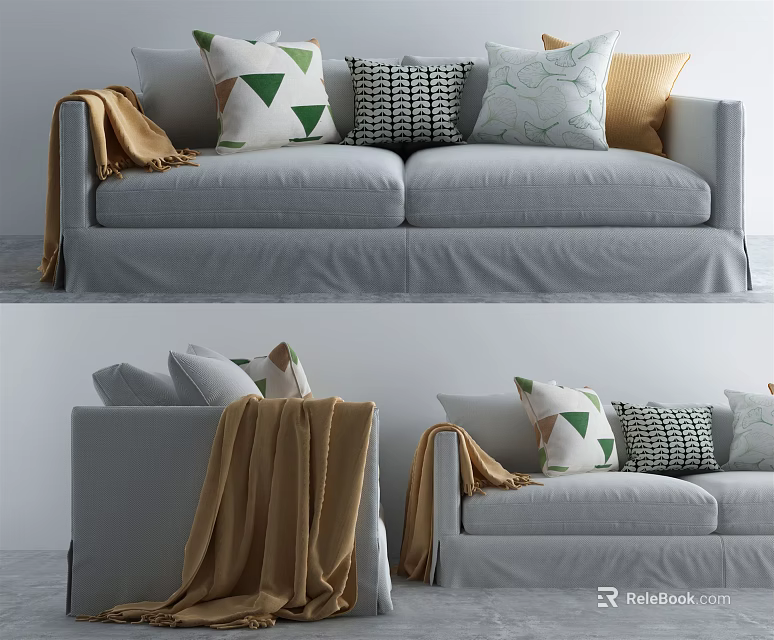 Stylish Light Gray Sofa Set With Colorful Patterned Pillows And Brown Blanket 3d model