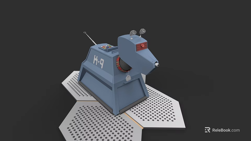 Blue Dog Shaped Robot Character H9 With Antenna Red Eyes On Hexagonal Platform 3d model 