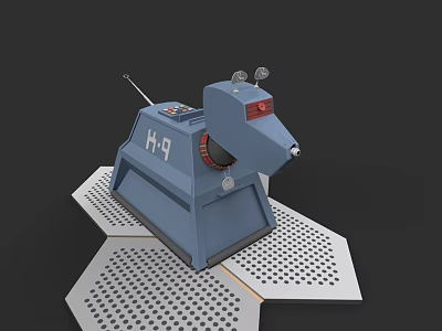 Blue Dog Shaped Robot Character H9 With Antenna Red Eyes On Hexagonal Platform 3d model