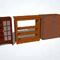 Four Different Wooden Dressers With Glass Doors Open Shelves And Decorative Patterns