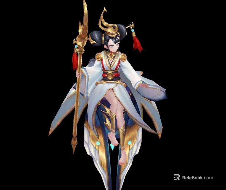 Game And Movie Character In Elegant White Blue Robe With Golden Staff And Red Tassels 3d model 