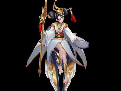 Game And Movie Character In Elegant White Blue Robe With Golden Staff And Red Tassels 3d model