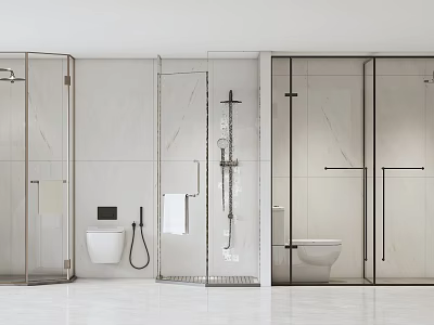 Modern Bathroom Shower Head With Glass Partition White Tiles Toilet And Towel Rack 3d model