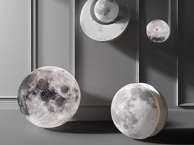 Moon Shaped Floor Lamps With Various Surface Textures And Sizes Against Grey Wall Background 3d model