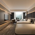 Modern Hotel Room Interior With Twin Beds Mountain View Window And Flat Screen TV