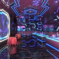 Modern KTV Lounge Interior With Neon Lights LED Screens And Comfortable Sofa Seats