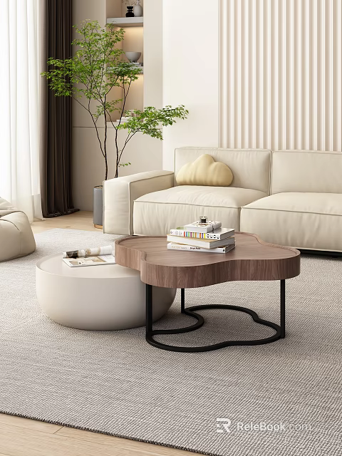 Stylish Modern Living Room With Unique Wooden Coffee Table Black Metal Frame And Stacked Books 3d model 