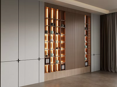 Modern Tea Cabinet With LED Lighting Displaying Tea Sets And Wooden Panels 3d model