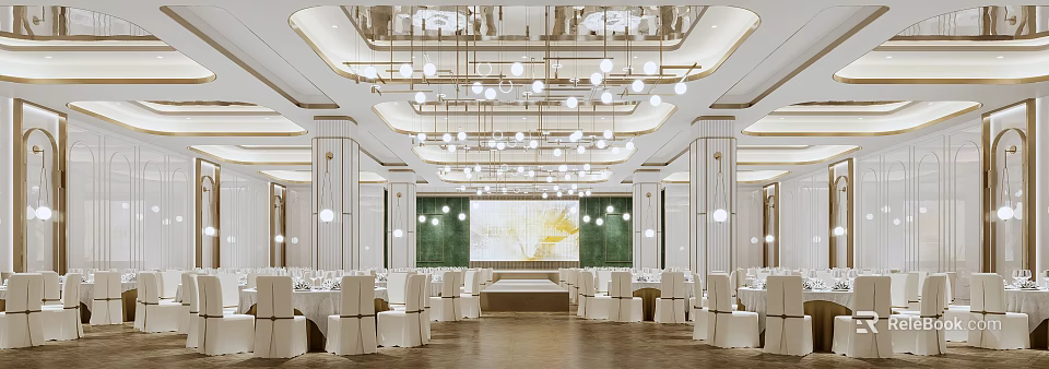 Luxurious Banquet Hall Interior With Elegant Chandeliers White Chairs And Decorative Stage 3d model 