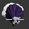 Game Character Wearing Purple White Outfit With Silver Hair Yellow Eyes Long Cape Black Stockings