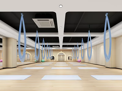 Modern Yoga Studio With Blue Aerial Hammocks Yoga Mats And Fitness Balls 3d model